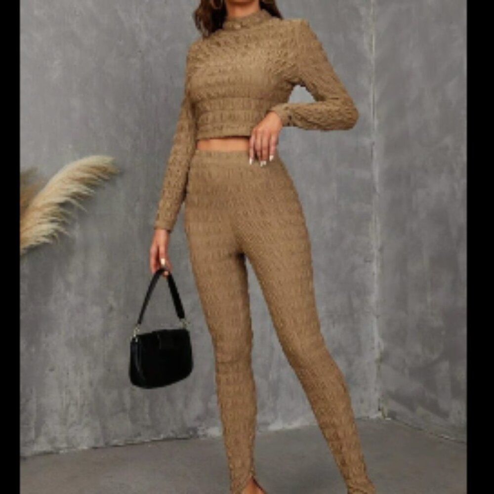 Split Hem Pants and Mock Neck Smocked Crop Top Matching Set